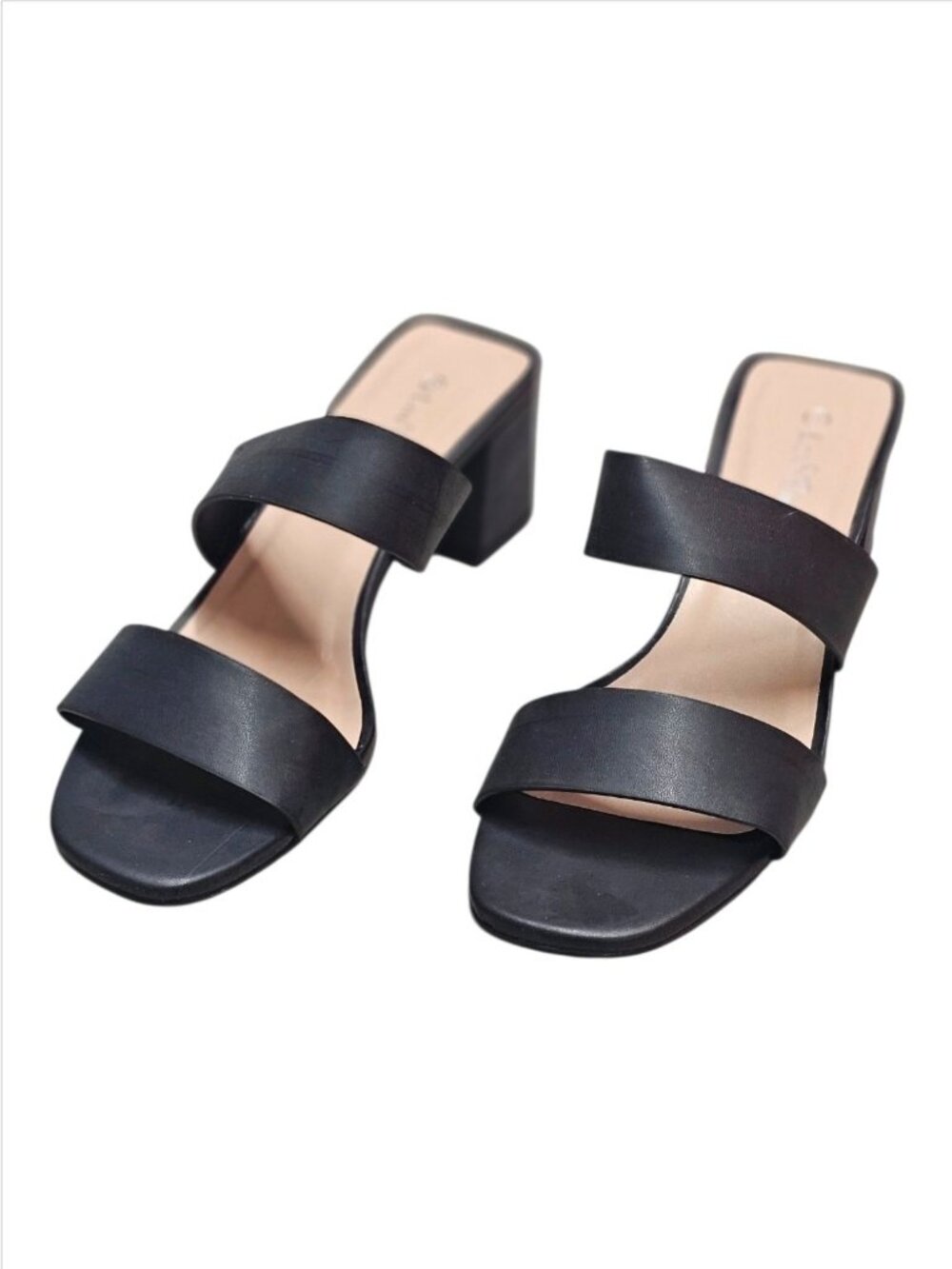 Black Block Heel Slide Sandals With Double Straps Open Toe & Square Heel Design - Picture 7 of 13